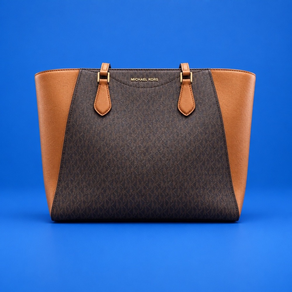 Michael Kors Signature Monogram Brown Tan Leather Tote Bag Gold Hardware